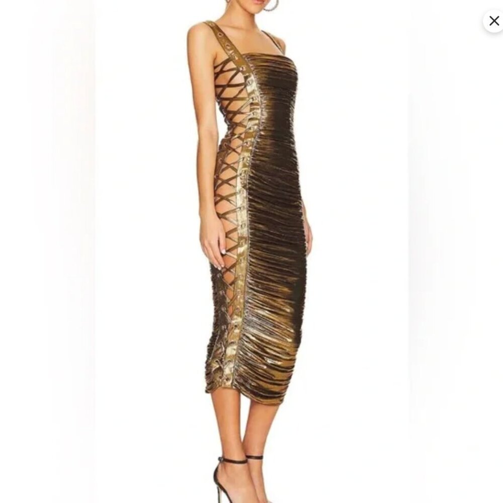Metallic Gold Lace Up Midi Ruched Dress